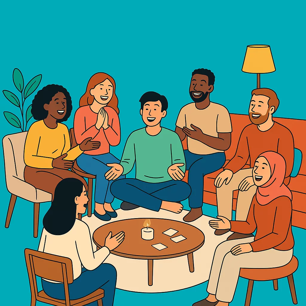 dessin montrant groupe d'amis appréciant le moment dans le salon de l'un d'eux