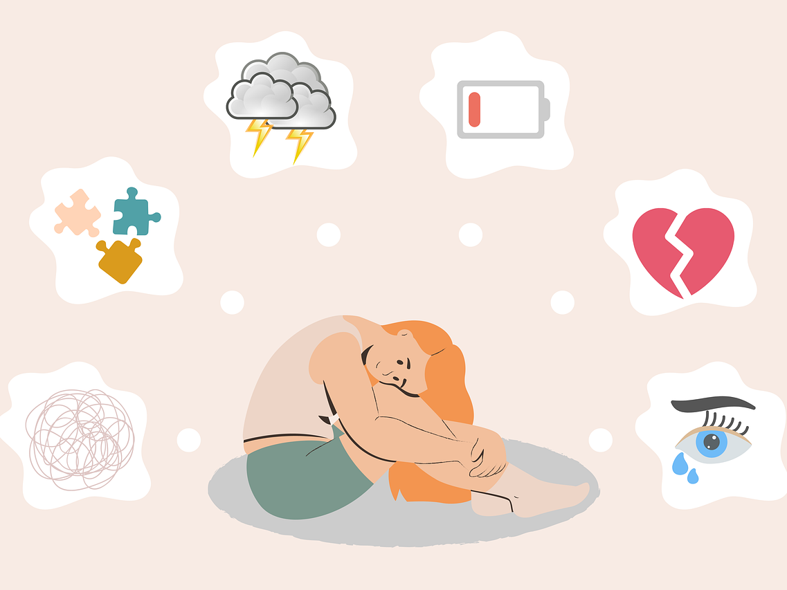 femme avec dessins illustrant le mal-être et le besoin d'un soin énergétique ou du magnétisme pour aller mieux